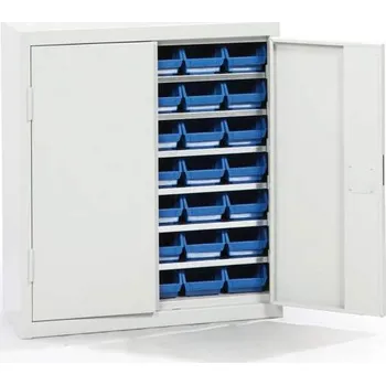Ocelová skříň se 42 plastovými zásobníky, 6 polic, v x š x h: 800x710x300 mm, barva šedá