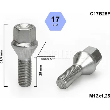 Šroubek na kolo Kolový šroub M12x1,25x25 kužel, klíč 17, C17B25F, výška 51,5 mm