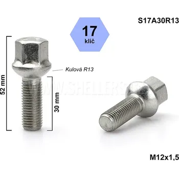 Šroubek na kolo Kolový šroub M12x1,5x30 kulový R13, Audi, Seat, Škoda, VW, klíč 17, S17A30R13, výška 52 mm