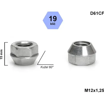Matice na kolo Kolová matice M12x1,25 kužel otevřená, klíč 19, OPEL, SUZUKI, D61CF, výška 17