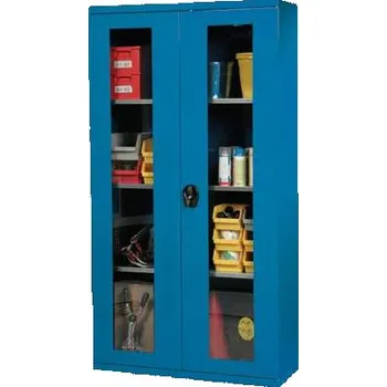 Dílenská skříň, v x š x h: 1950 x 1044 x 405 mm, dveře - dvoukřídlé prosklené, 3 x police 100 kg, barva tmavě modrá RAL5010