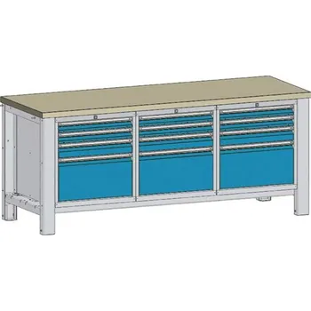 Dílenský stůl Dílenský stůl TECHNO, třímodulový šířka 2000 mm, 12 zásuvek, barva šedá RAL7035/modrá RAL5012.
