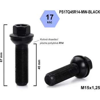 Šroubek na kolo Kolový šroub M15x1,25x45 kulový R14, pohyblivá plocha, klíč 17, PS17Q45R14-MW-BLACK, černý, výška 67 mm