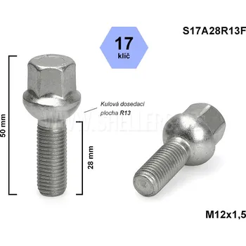 Auto-moto Kolový šroub M12x1,5x28 kulový R13, Audi, Seat, Škoda, VW, klíč 17, S17A28R13F, výška 50 mm