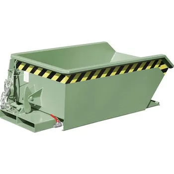 Přepravník Nízký výklopný přepravník se sítkem, výpustný kohout, objem 230 l, nosnost 750 kg, d x š x v: 1385x680x450 mm, barva zelená RAL6011