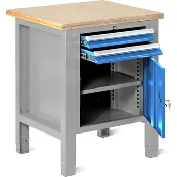 Dílenský stůl Dílenský stůl TECHNO Light, šířka 725 mm, 2 zásuvky, skříňka, barva šedá RAL7035/modrá RAL5012.