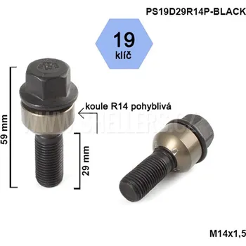 Šroubek na kolo Kolový šroub M14x1,5x29 kulová R14 pohyblivá, černý, klíč 19, výška 59