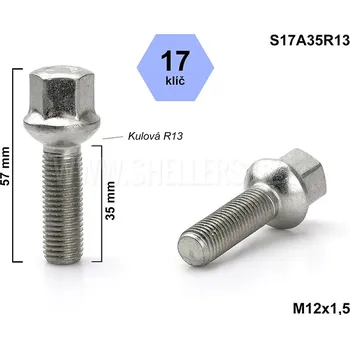 Šroubek na kolo Kolový šroub M12x1,5x35 kulový R13, Audi, Seat, Škoda, VW, klíč 17, S17A35R13, výška 57 mm