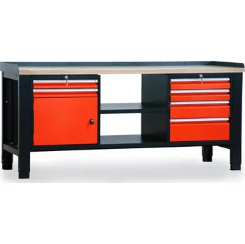 Dílenský stůl Dílenský stůl TECHNO, třímodulový šířka 2000 mm, 6 zásuvek, skříňka, barva antracit RAL7016/oranžová RAL2004.