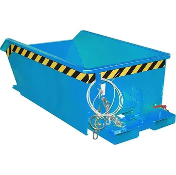 Přepravník Nízký výklopný přepravník se sítkem, výpustný kohout, objem 270 l, nosnost 1000 kg, d x š x v: 1385x780x450 mm, barva modrá RAL5012