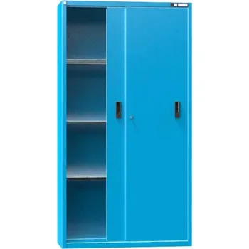 Dílenská skříň, v x š x h: 1950 x 1044 x 405 mm, dveře - dvoukřídlé posuvné, 3 x police 100 kg, barva modrá RAL5012