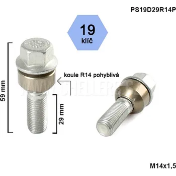 Šroubek na kolo Kolový šroub M14x1,5x29 kulová R14 pohyblivá, klíč 19, výška 59