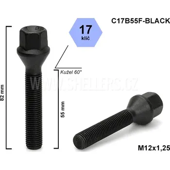 Šroubek na kolo Kolový šroub M12x1,25x55 kužel, klíč 17, C17B55F-BLACK, černý, výška 82 mm