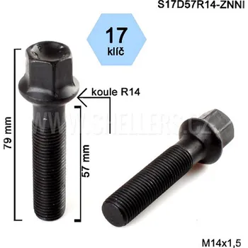 Šroubek na kolo Kolový šroub M14x1,5x57 koule R14, klíč 17, S17D57R14-ZNNI; černý, výška 79