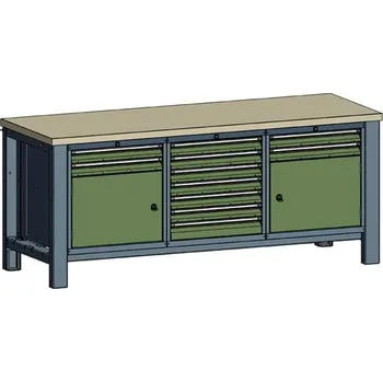 Dílenský stůl Dílenský stůl TECHNO, třímodulový šířka 2000 mm, 11 zásuvek, 2 skříňky, barva antracit RAL7016/zelená RAL6011.