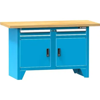 Dílenský stůl Dílenský modulární stůl, deska - multiplex 1500 x 700 mm, 2 x zásuvka, 2 x skříňka, barva modrá RAL5012