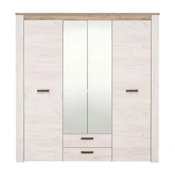 Šatní skříň Čtyřdveřová šatní skříň se zrcadlem Henry - dub bílý/dub šedý