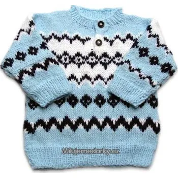 Kojenecké oblečení ručně pletený dětský světle modrý svetr s norským vzorem, vel.62