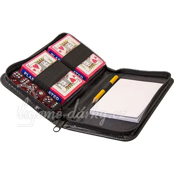 Cestovní hra Sada žolíkových hracích karet, 6 kostek, bločku a tužky v černém pouzdru