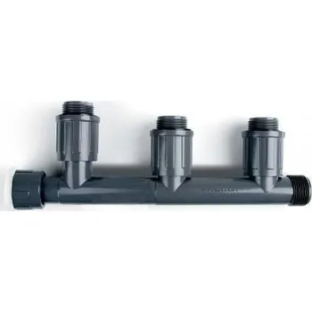 Kompresor PVC rozbočovač MANIFOLD s 3xAG protočnou maticí (ABS T-kus 1"IG/1" AG - 3x1"AG s protočnou maticí)