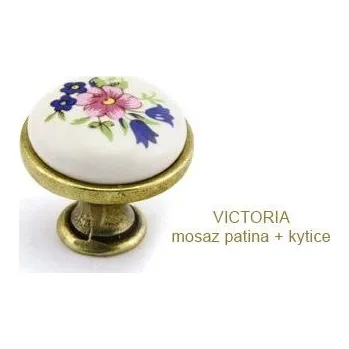 Nábytkové kování kovový knopek VICTORIA mosaz patina Varianta: VICTORIA mosaz patina + Kytice porcelán