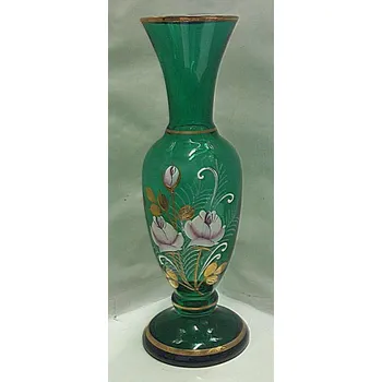 Váza Váza zelené sklo malovaná ružičky zlacená STOS 11