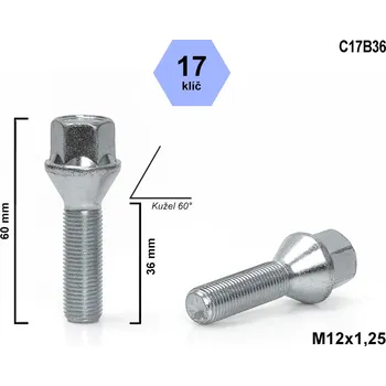 Šroubek na kolo Kolový šroub M12x1,25x36 kužel, klíč 17, C17B36, výška 60mm