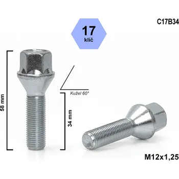 Šroubek na kolo Kolový šroub M12x1,25x34 kužel, klíč 17, C17B34, výška 58 mm