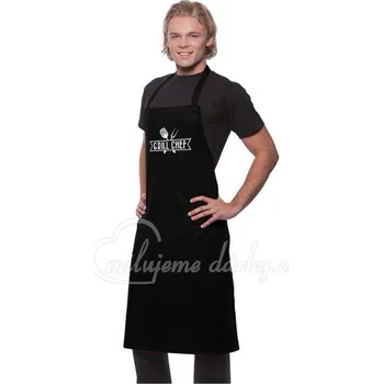 Kuchyňská zástěra GRILL CHEF, černá kuchyňská bavlněná zástěra s laclem s potiskem