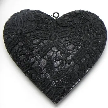 Party dekorace Srdce plechové závěsné černé krajkové - 13 cm