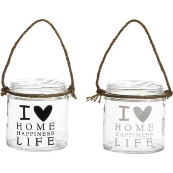 Svícen Skleněný svícen s jutovým ouškem 11x 12 cm - černý