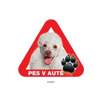 Značení Grel nálepka na sklo pozor pes v autě pudl bílý