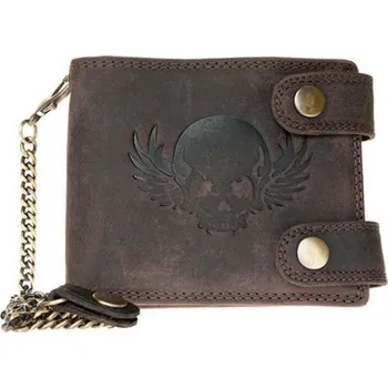 Peněženka Tmavě hnědá kožená peněženka s lebkou s 45 cm dlouhým řetízkem a karabinkou
