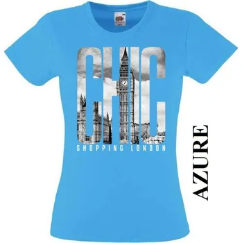 Dámské tričko levne-divci-tricko-potisk-londyn Barva: Azure - azurově modrá, Výstřih: Kulatý výstřih kolem krku, EU dámská velikost: eu 34/36 (dívčí prodloužená 122) viz tabulka velikostí