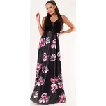 Dlouhé květované šaty bez rukávů s krajkou - Černé S Barva: Černá, Velikost: S