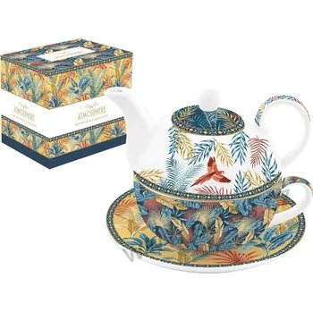 Konvice na čaj Easy Life EQUATORIAL žlutomodrá porcelánová čajová souprava tea for one: konvička se šálkem barevné listy a papoušek *ATMOSPHERE* 350ml+350ml
