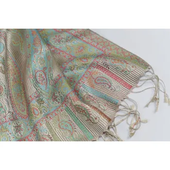 Šála Hedvábná šála Jamawar velká - Zlatobéžová s ornamenty