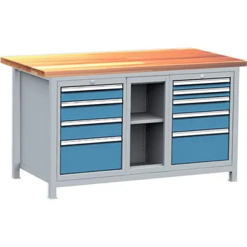 Dílenský stůl Dílenský svařovaný stůl, 9 x zásuvka, 1 x police, deska z bukové spárovky 1500x750 mm