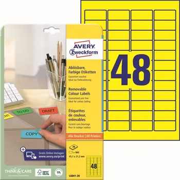 Samolepící etiketa Avery Zweckform L6041-20 Barevné snímatelné etikety 45,7x21,2 mm, 960 ks, žluté + online software pro tisk etiket + tiskové šablony ke stažení zdarma