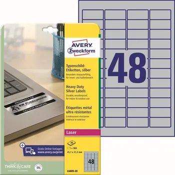 Samolepící etiketa Avery Zweckform L6009-20 Odolné PET etikety 45,7x21,2 mm, 960 ks, stříbrné + online software pro tisk etiket + tiskové šablony ke stažení zdarma