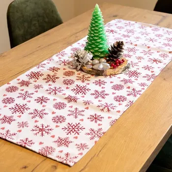 Vánoční dekorace Štola bílá, červené vločky, 40x100 cm