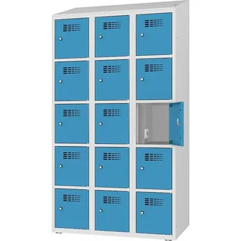 Skříň na dobíjení elektrického nářadí a elektroniky, 15 schránek, v x š x h: 1800x1200x500 mm, dveře modré RAL5012