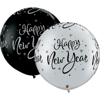 GoDan Balónky Happy New Year QL 30" 100cm stříbrná a černá 2ks