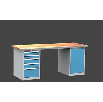 Průmyslová sponka dílenský stůl DPS 2A23 s oplechovanou nerezovou přední hranou desky, kontejner a skříňka + doprava zdarma