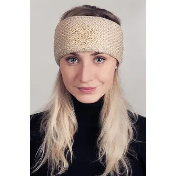 Zimní čelenka R-JET Béžová dámská zimní pletená čelenka se zlatou lesklou nitkou a kamínky