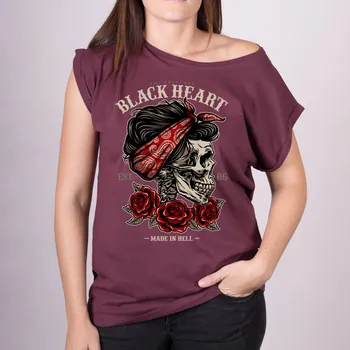 Dámské tričko Dámské Triko BLACK HEART PIN UP SKULL EXT Barva: Červená, Velikost: S