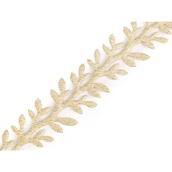 Stuha Saténový prýmek s lístky vánoční - zlatý - 1 m