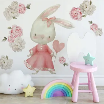Samolepící dekorace DEKORACJAN Samolepka na stěnu - Králičí holčička s pivoňkami