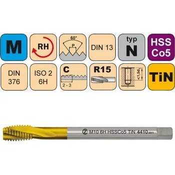 Závitořezný nástroj NÁSTROJE CZ Strojní závitník /CZZ4410/ pro metrický závit se šroubovitou drážkou CZZ Závit: M10