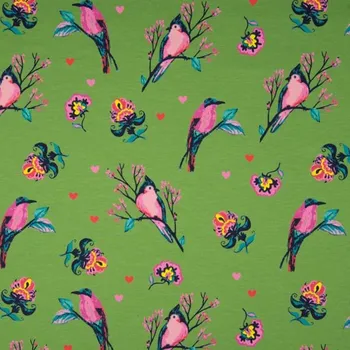 Teplákovina nepočesaná zelená, ptáci mezi květy, š.150